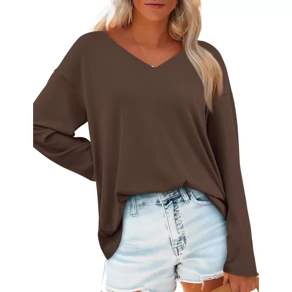 PRETTYGARDEN Womens Fall Fashion 2024 T Shirts Casual Long Sleeve V Neck Tunic Tops Loose Basic TeesCoffee