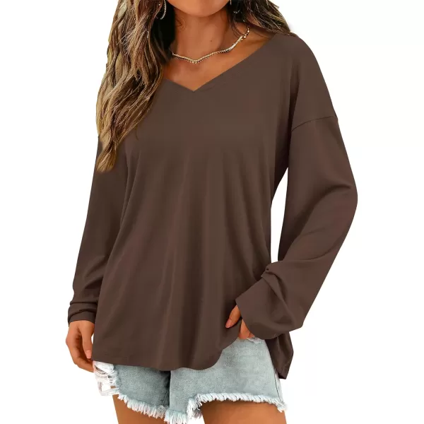 PRETTYGARDEN Womens Fall Fashion 2024 T Shirts Casual Long Sleeve V Neck Tunic Tops Loose Basic TeesCoffee