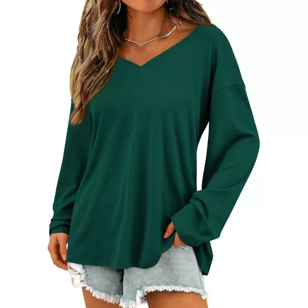 PRETTYGARDEN Womens Fall Fashion 2024 T Shirts Casual Long Sleeve V Neck Tunic Tops Loose Basic TeesDark Green