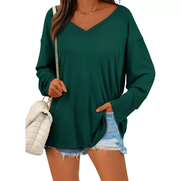 PRETTYGARDEN Womens Fall Fashion 2024 T Shirts Casual Long Sleeve V Neck Tunic Tops Loose Basic TeesDark Green