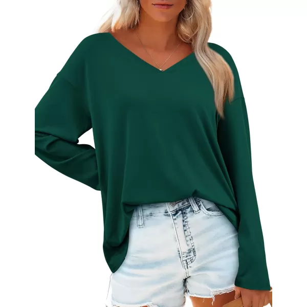PRETTYGARDEN Womens Fall Fashion 2024 T Shirts Casual Long Sleeve V Neck Tunic Tops Loose Basic TeesDark Green