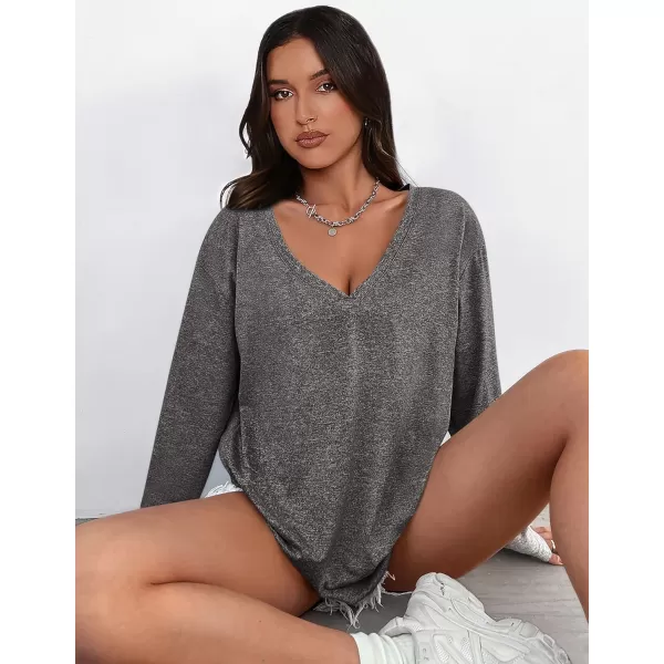 PRETTYGARDEN Womens Fall Fashion 2024 T Shirts Casual Long Sleeve V Neck Tunic Tops Loose Basic TeesDark Grey