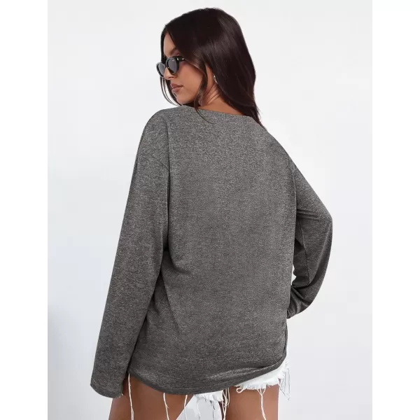 PRETTYGARDEN Womens Fall Fashion 2024 T Shirts Casual Long Sleeve V Neck Tunic Tops Loose Basic TeesDark Grey