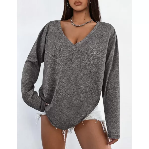 PRETTYGARDEN Womens Fall Fashion 2024 T Shirts Casual Long Sleeve V Neck Tunic Tops Loose Basic TeesDark Grey