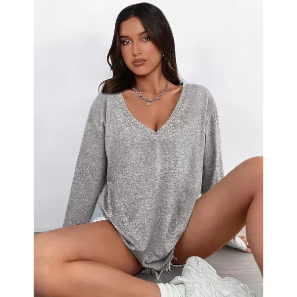 PRETTYGARDEN Womens Fall Fashion 2024 T Shirts Casual Long Sleeve V Neck Tunic Tops Loose Basic TeesGrey