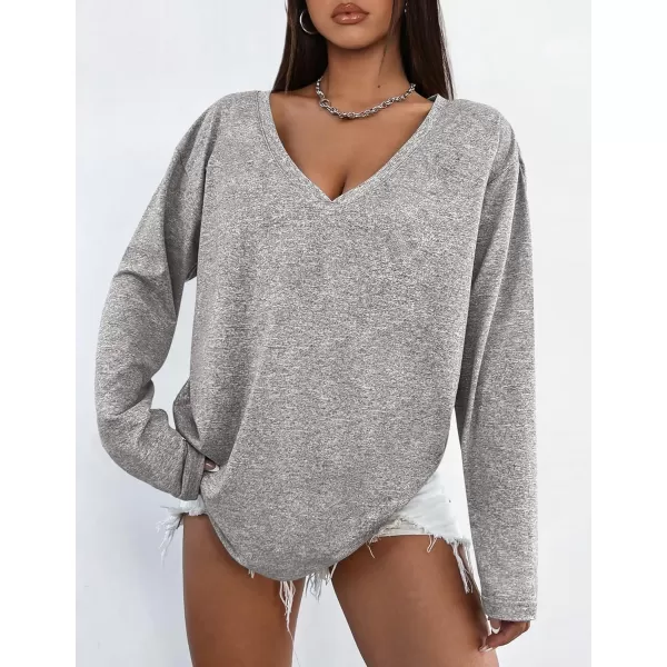 PRETTYGARDEN Womens Fall Fashion 2024 T Shirts Casual Long Sleeve V Neck Tunic Tops Loose Basic TeesGrey