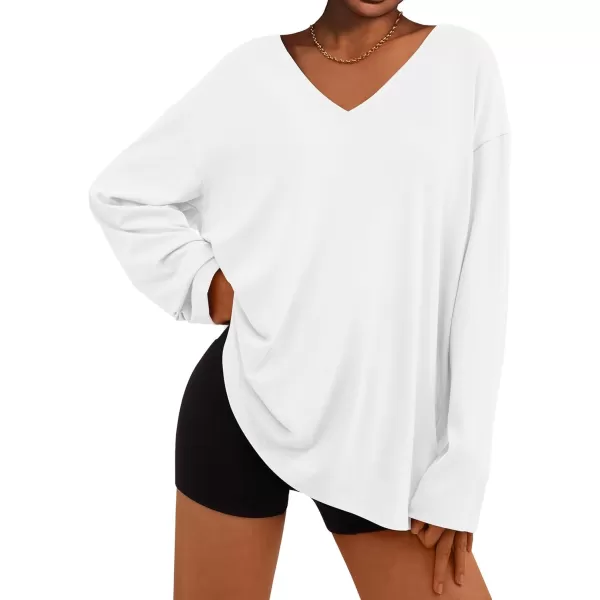 PRETTYGARDEN Womens Fall Fashion 2024 T Shirts Casual Long Sleeve V Neck Tunic Tops Loose Basic TeesWhite