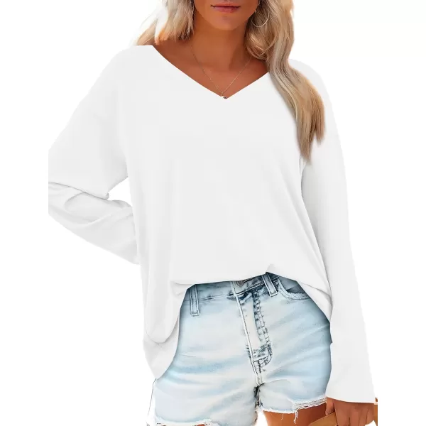 PRETTYGARDEN Womens Fall Fashion 2024 T Shirts Casual Long Sleeve V Neck Tunic Tops Loose Basic TeesWhite