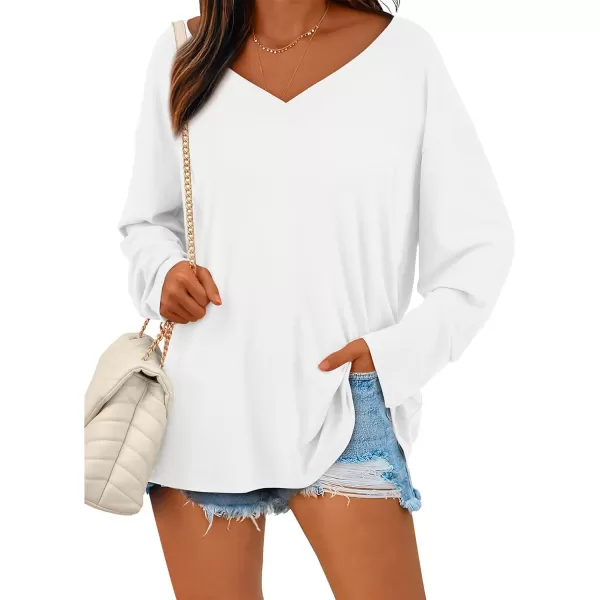 PRETTYGARDEN Womens Fall Fashion 2024 T Shirts Casual Long Sleeve V Neck Tunic Tops Loose Basic TeesWhite