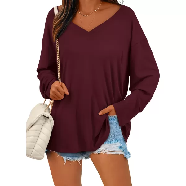 PRETTYGARDEN Womens Fall Fashion 2024 T Shirts Casual Long Sleeve V Neck Tunic Tops Loose Basic TeesWine Red