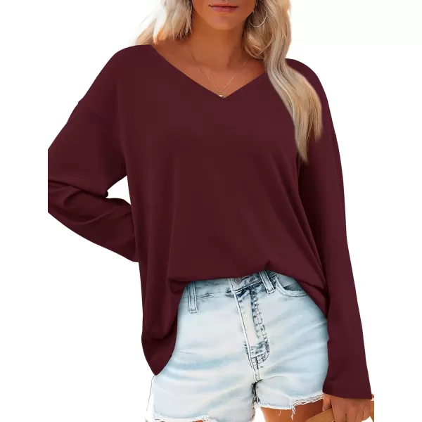 PRETTYGARDEN Womens Fall Fashion 2024 T Shirts Casual Long Sleeve V Neck Tunic Tops Loose Basic TeesWine Red
