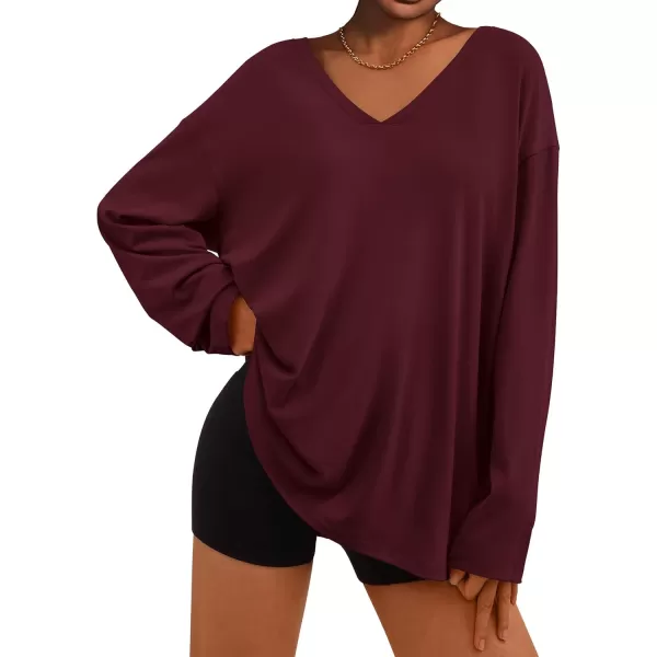 PRETTYGARDEN Womens Fall Fashion 2024 T Shirts Casual Long Sleeve V Neck Tunic Tops Loose Basic TeesWine Red