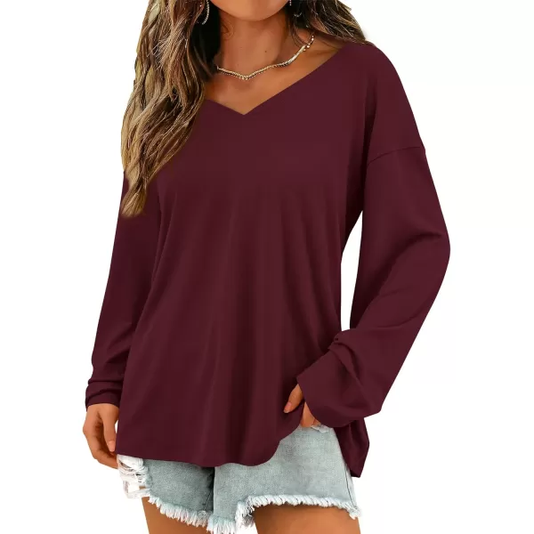 PRETTYGARDEN Womens Fall Fashion 2024 T Shirts Casual Long Sleeve V Neck Tunic Tops Loose Basic TeesWine Red
