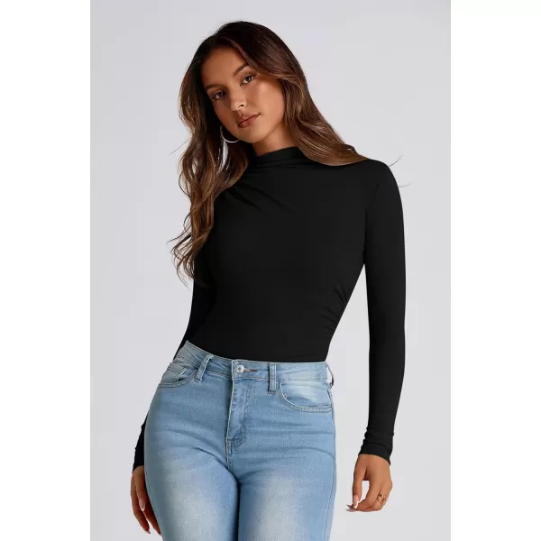 PRETTYGARDEN Womens Fall Y2K Going Out Crop Tops Long Sleeve Mock Neck Ruched Slim Fitted Basic Trendy Casual T Shirts BlouseBlack