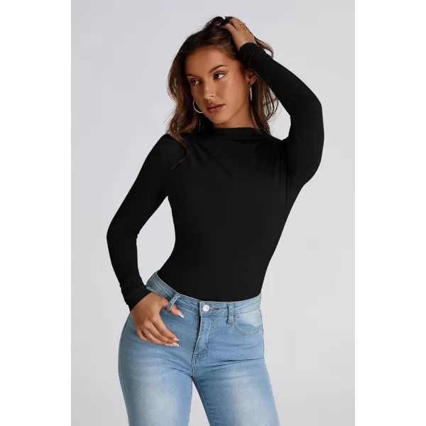 PRETTYGARDEN Womens Fall Y2K Going Out Crop Tops Long Sleeve Mock Neck Ruched Slim Fitted Basic Trendy Casual T Shirts BlouseBlack