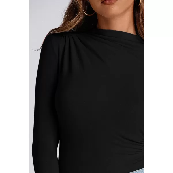 PRETTYGARDEN Womens Fall Y2K Going Out Crop Tops Long Sleeve Mock Neck Ruched Slim Fitted Basic Trendy Casual T Shirts BlouseBlack