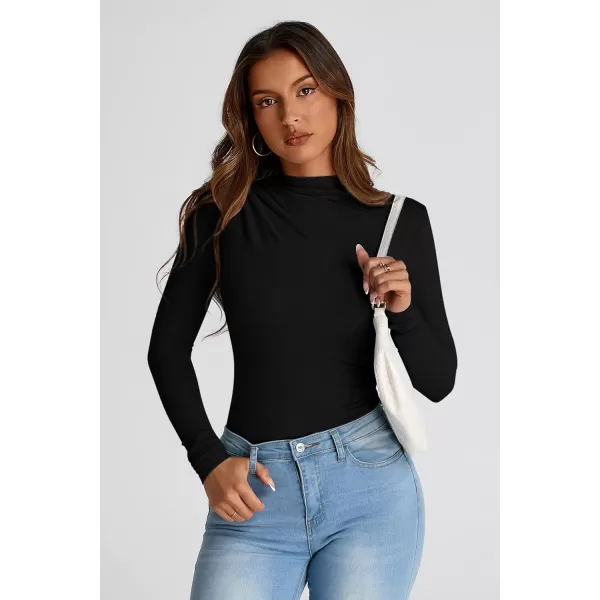 PRETTYGARDEN Womens Fall Y2K Going Out Crop Tops Long Sleeve Mock Neck Ruched Slim Fitted Basic Trendy Casual T Shirts BlouseBlack