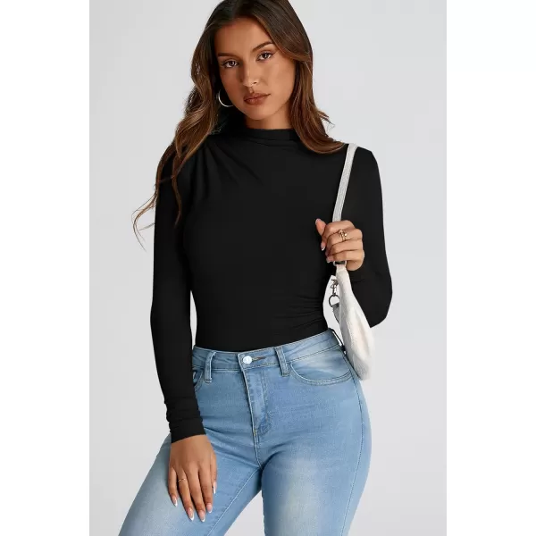 PRETTYGARDEN Womens Fall Y2K Going Out Crop Tops Long Sleeve Mock Neck Ruched Slim Fitted Basic Trendy Casual T Shirts BlouseBlack