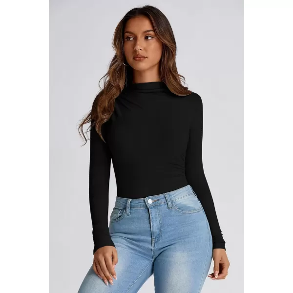 PRETTYGARDEN Womens Fall Y2K Going Out Crop Tops Long Sleeve Mock Neck Ruched Slim Fitted Basic Trendy Casual T Shirts BlouseBlack