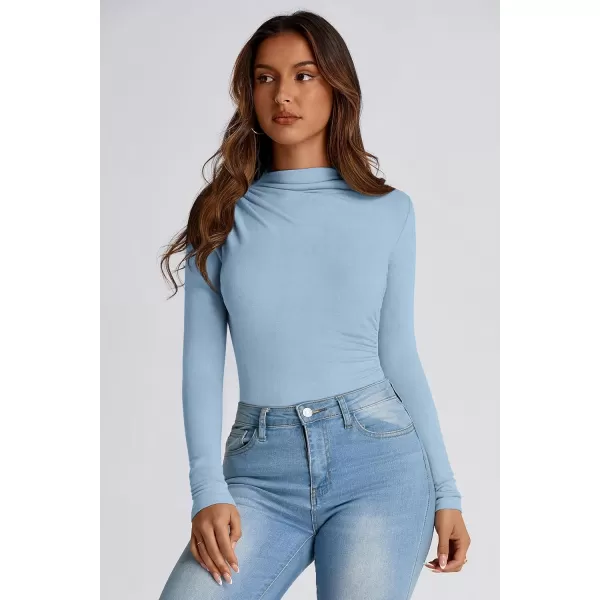 PRETTYGARDEN Womens Fall Y2K Going Out Crop Tops Long Sleeve Mock Neck Ruched Slim Fitted Basic Trendy Casual T Shirts BlouseBlue