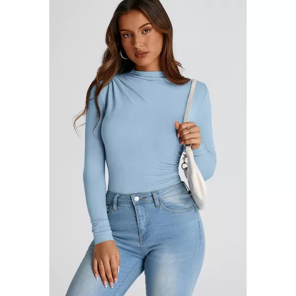 PRETTYGARDEN Womens Fall Y2K Going Out Crop Tops Long Sleeve Mock Neck Ruched Slim Fitted Basic Trendy Casual T Shirts BlouseBlue