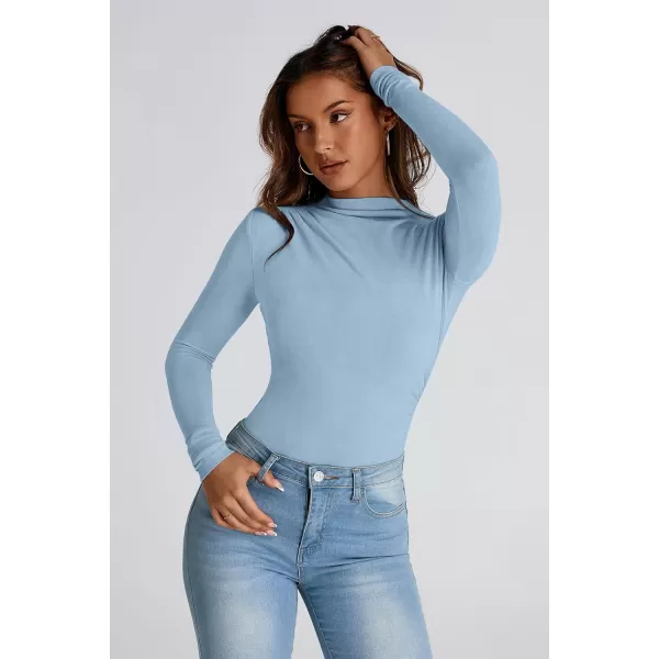 PRETTYGARDEN Womens Fall Y2K Going Out Crop Tops Long Sleeve Mock Neck Ruched Slim Fitted Basic Trendy Casual T Shirts BlouseBlue