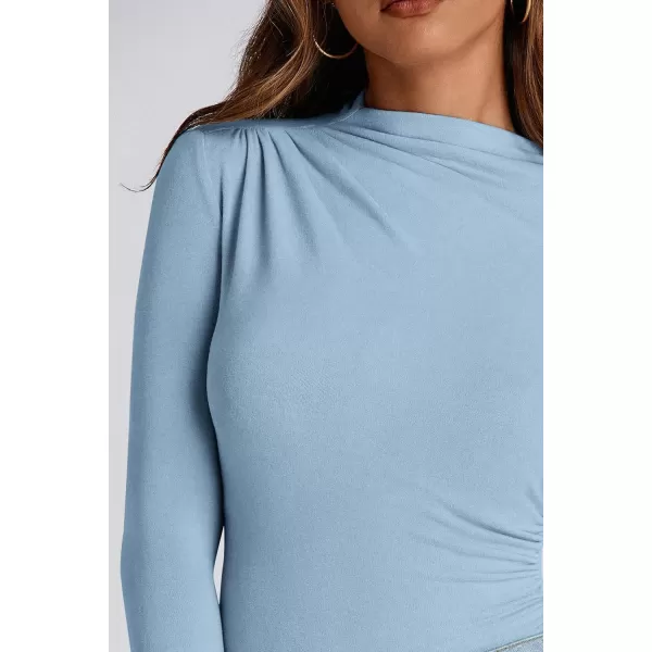 PRETTYGARDEN Womens Fall Y2K Going Out Crop Tops Long Sleeve Mock Neck Ruched Slim Fitted Basic Trendy Casual T Shirts BlouseBlue