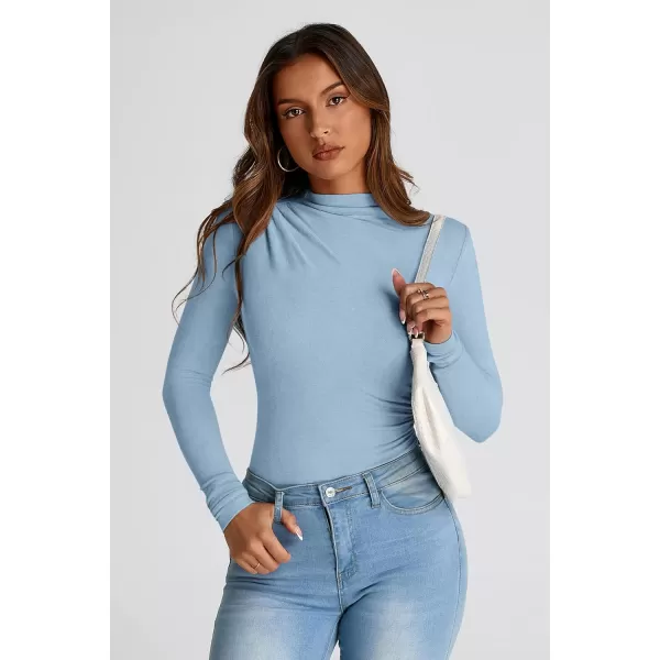 PRETTYGARDEN Womens Fall Y2K Going Out Crop Tops Long Sleeve Mock Neck Ruched Slim Fitted Basic Trendy Casual T Shirts BlouseBlue