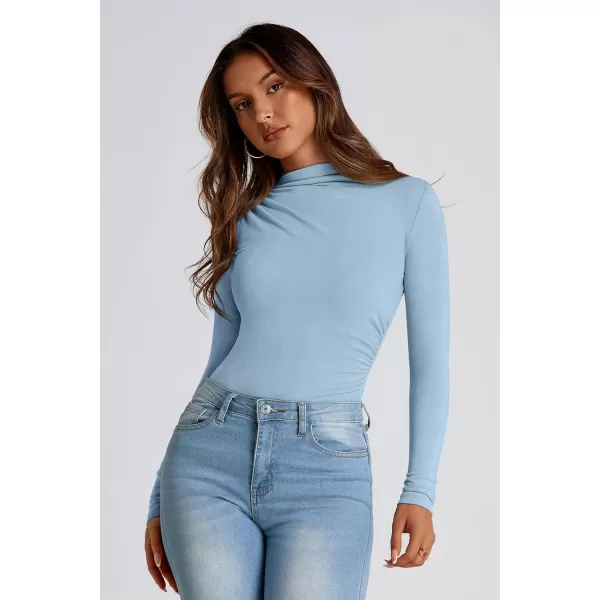 PRETTYGARDEN Womens Fall Y2K Going Out Crop Tops Long Sleeve Mock Neck Ruched Slim Fitted Basic Trendy Casual T Shirts BlouseBlue