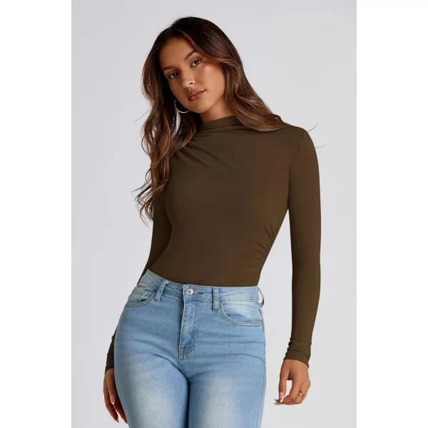 PRETTYGARDEN Womens Fall Y2K Going Out Crop Tops Long Sleeve Mock Neck Ruched Slim Fitted Basic Trendy Casual T Shirts BlouseCoffee