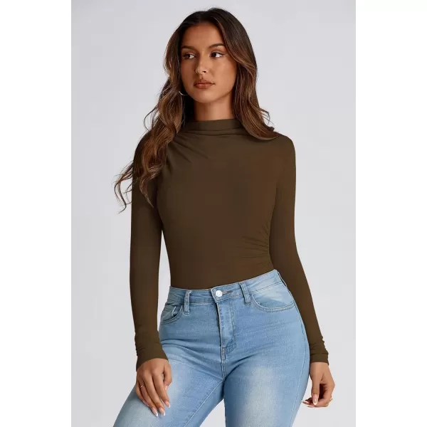 PRETTYGARDEN Womens Fall Y2K Going Out Crop Tops Long Sleeve Mock Neck Ruched Slim Fitted Basic Trendy Casual T Shirts BlouseCoffee