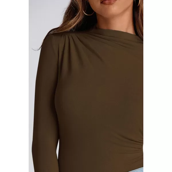 PRETTYGARDEN Womens Fall Y2K Going Out Crop Tops Long Sleeve Mock Neck Ruched Slim Fitted Basic Trendy Casual T Shirts BlouseCoffee