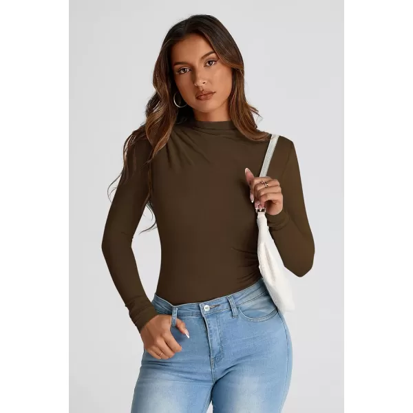 PRETTYGARDEN Womens Fall Y2K Going Out Crop Tops Long Sleeve Mock Neck Ruched Slim Fitted Basic Trendy Casual T Shirts BlouseCoffee