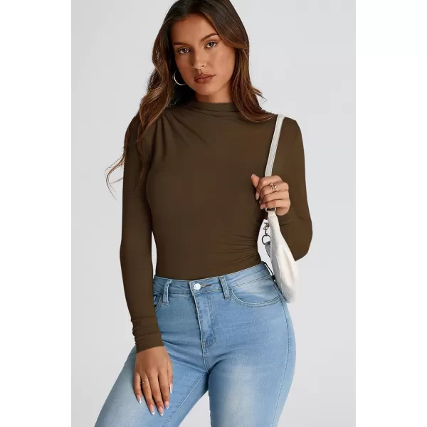 PRETTYGARDEN Womens Fall Y2K Going Out Crop Tops Long Sleeve Mock Neck Ruched Slim Fitted Basic Trendy Casual T Shirts BlouseCoffee