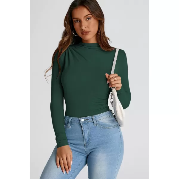 PRETTYGARDEN Womens Fall Y2K Going Out Crop Tops Long Sleeve Mock Neck Ruched Slim Fitted Basic Trendy Casual T Shirts BlouseDark Green