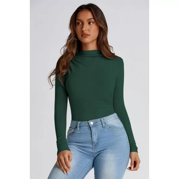PRETTYGARDEN Womens Fall Y2K Going Out Crop Tops Long Sleeve Mock Neck Ruched Slim Fitted Basic Trendy Casual T Shirts BlouseDark Green
