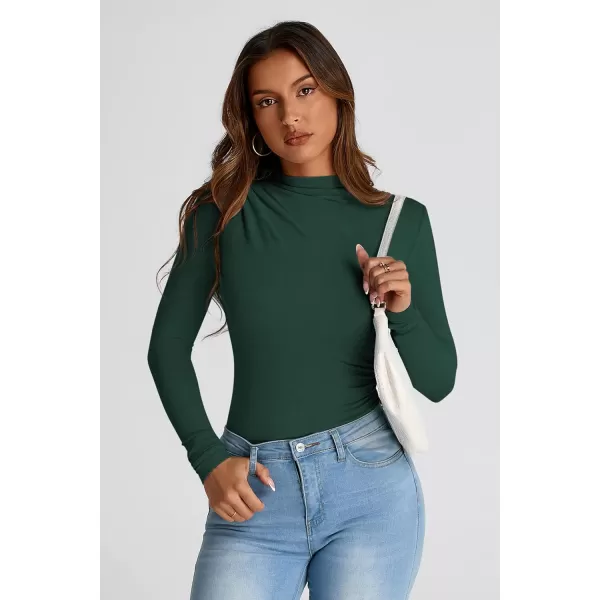 PRETTYGARDEN Womens Fall Y2K Going Out Crop Tops Long Sleeve Mock Neck Ruched Slim Fitted Basic Trendy Casual T Shirts BlouseDark Green