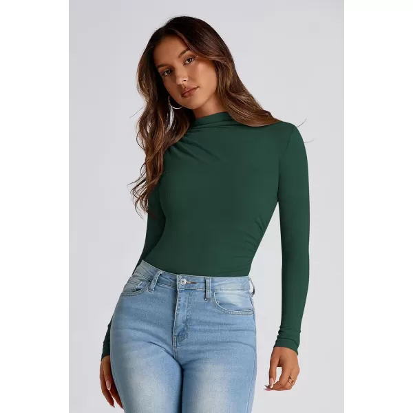 PRETTYGARDEN Womens Fall Y2K Going Out Crop Tops Long Sleeve Mock Neck Ruched Slim Fitted Basic Trendy Casual T Shirts BlouseDark Green