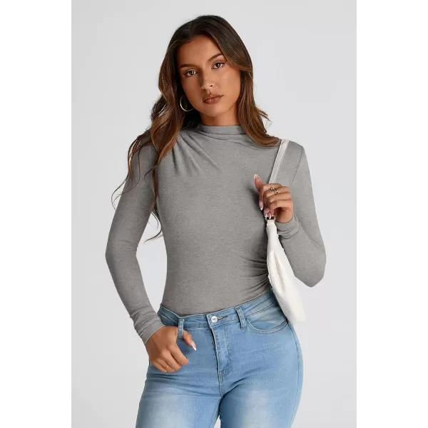 PRETTYGARDEN Womens Fall Y2K Going Out Crop Tops Long Sleeve Mock Neck Ruched Slim Fitted Basic Trendy Casual T Shirts BlouseGrey