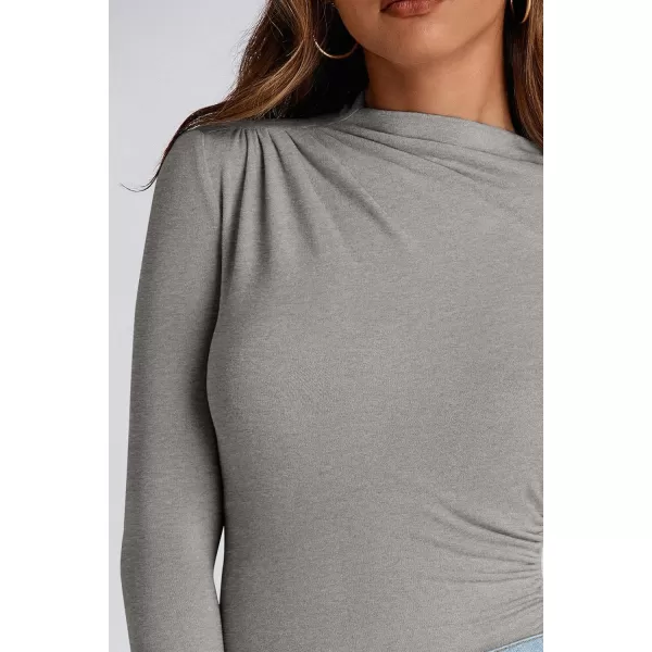 PRETTYGARDEN Womens Fall Y2K Going Out Crop Tops Long Sleeve Mock Neck Ruched Slim Fitted Basic Trendy Casual T Shirts BlouseGrey