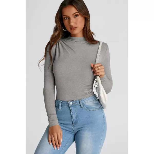 PRETTYGARDEN Womens Fall Y2K Going Out Crop Tops Long Sleeve Mock Neck Ruched Slim Fitted Basic Trendy Casual T Shirts BlouseGrey