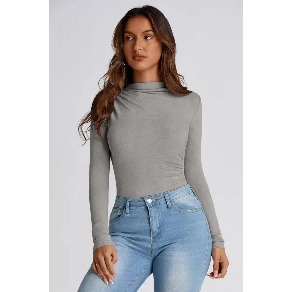 PRETTYGARDEN Womens Fall Y2K Going Out Crop Tops Long Sleeve Mock Neck Ruched Slim Fitted Basic Trendy Casual T Shirts BlouseGrey