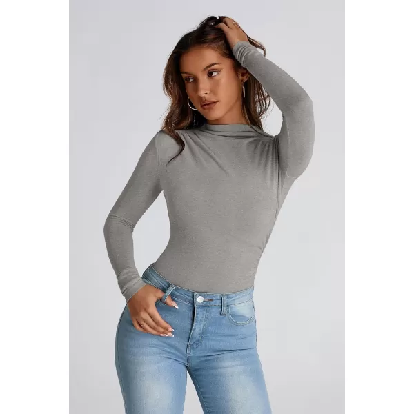 PRETTYGARDEN Womens Fall Y2K Going Out Crop Tops Long Sleeve Mock Neck Ruched Slim Fitted Basic Trendy Casual T Shirts BlouseGrey