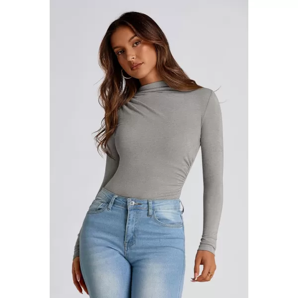PRETTYGARDEN Womens Fall Y2K Going Out Crop Tops Long Sleeve Mock Neck Ruched Slim Fitted Basic Trendy Casual T Shirts BlouseGrey
