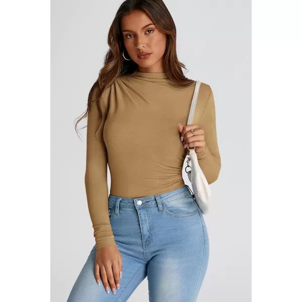 PRETTYGARDEN Womens Fall Y2K Going Out Crop Tops Long Sleeve Mock Neck Ruched Slim Fitted Basic Trendy Casual T Shirts BlouseKhaki