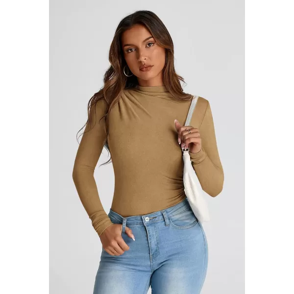 PRETTYGARDEN Womens Fall Y2K Going Out Crop Tops Long Sleeve Mock Neck Ruched Slim Fitted Basic Trendy Casual T Shirts BlouseKhaki