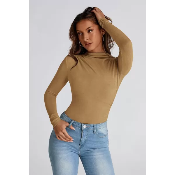 PRETTYGARDEN Womens Fall Y2K Going Out Crop Tops Long Sleeve Mock Neck Ruched Slim Fitted Basic Trendy Casual T Shirts BlouseKhaki