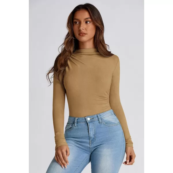 PRETTYGARDEN Womens Fall Y2K Going Out Crop Tops Long Sleeve Mock Neck Ruched Slim Fitted Basic Trendy Casual T Shirts BlouseKhaki