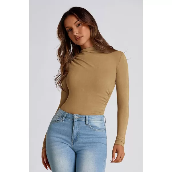 PRETTYGARDEN Womens Fall Y2K Going Out Crop Tops Long Sleeve Mock Neck Ruched Slim Fitted Basic Trendy Casual T Shirts BlouseKhaki