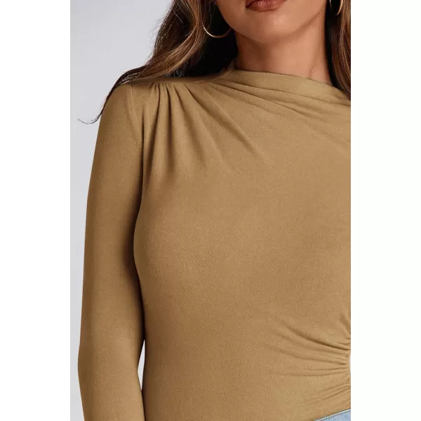 PRETTYGARDEN Womens Fall Y2K Going Out Crop Tops Long Sleeve Mock Neck Ruched Slim Fitted Basic Trendy Casual T Shirts BlouseKhaki
